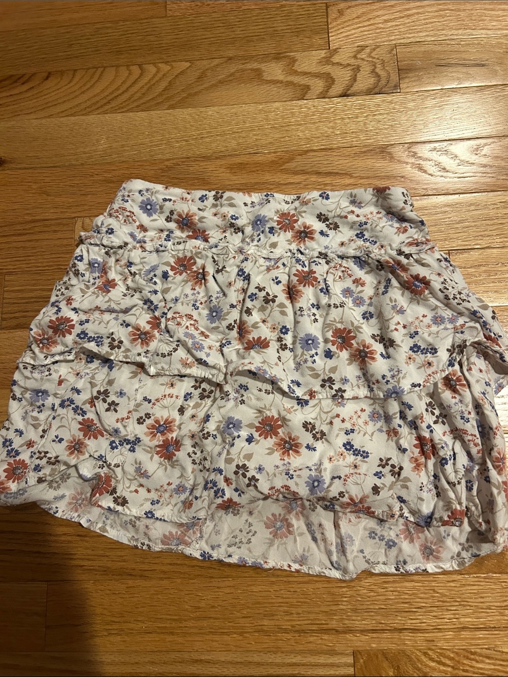 abercrombie kids White Floral Ruffle Mini Skirt with Rust & Lavender Flowers